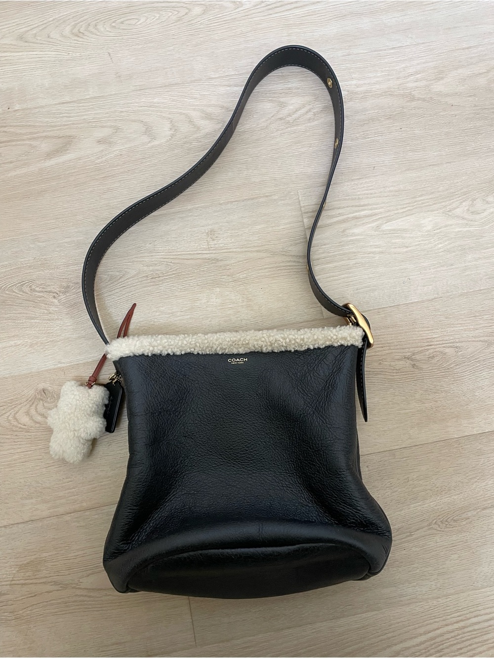 Coach Black Leather Shearling Bleecker Bucket Bag with Bear bag charm